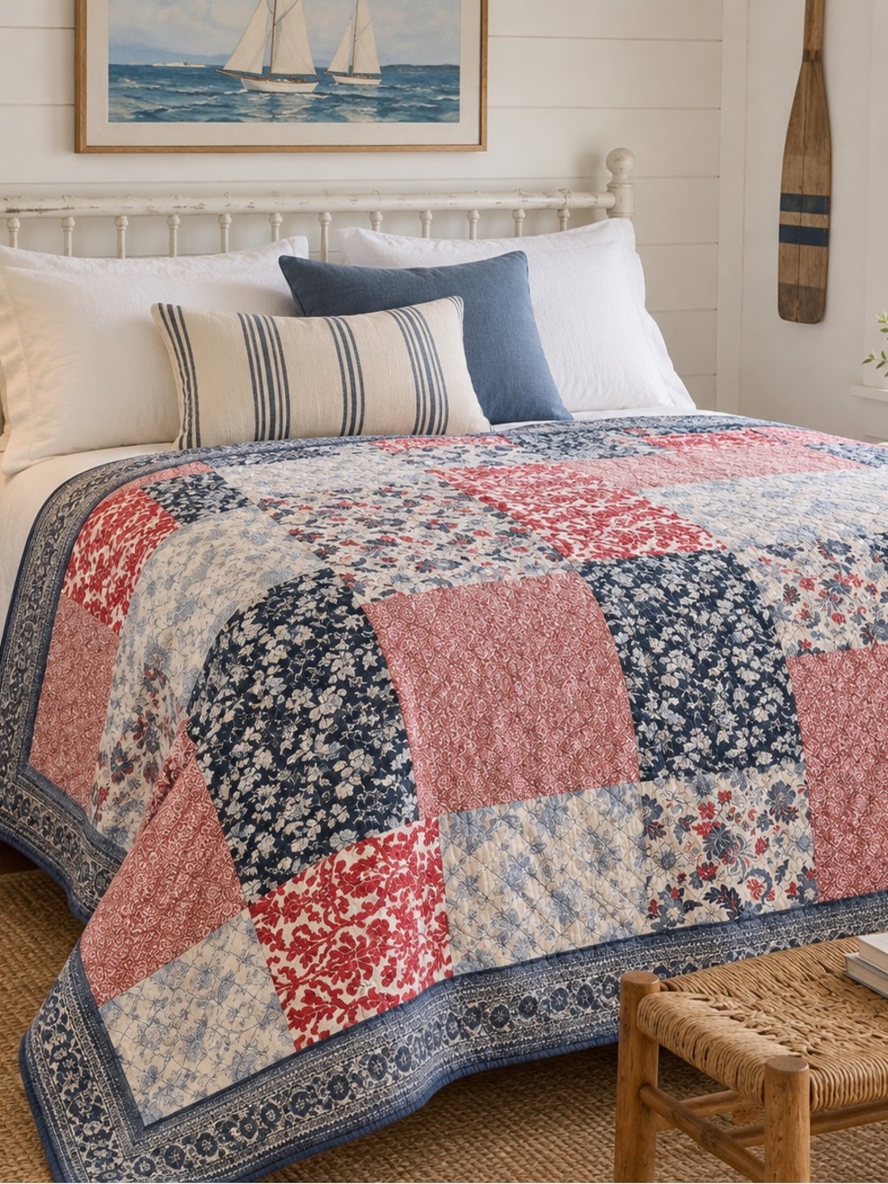 Vintage Patchwork Quilt in Red, Blue & Cream - Coastal Cottage Style